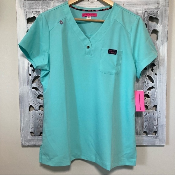 Betsey Johnson Rosemary 1-Pocket STRETCH Y-Neck Scrub Top Fresh Mint Teal - Picture 4 of 8
